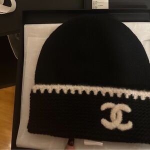 CHANEL Black Knit Hat with White Logo